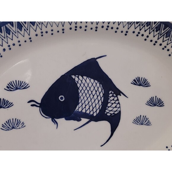 Serving Plate Chinese Vintage Koi Fish Oval Porcelain  Blue White 14x10 Dr Lori - Picture 2 of 6
